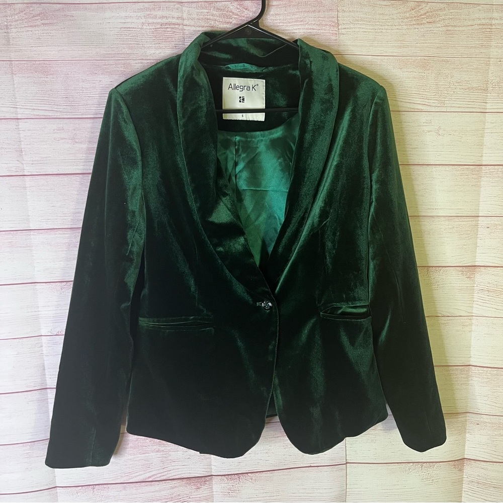 Allegra K Green Velvet One Button Front Pockets‎ Blazer Jacket Size Small